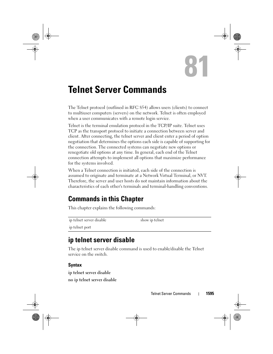 Telnet server commands, Commands in this chapter, Ip telnet server disable | Syntax, Telnet server, Commands | Dell POWEREDGE M1000E User Manual | Page 1599 / 1682