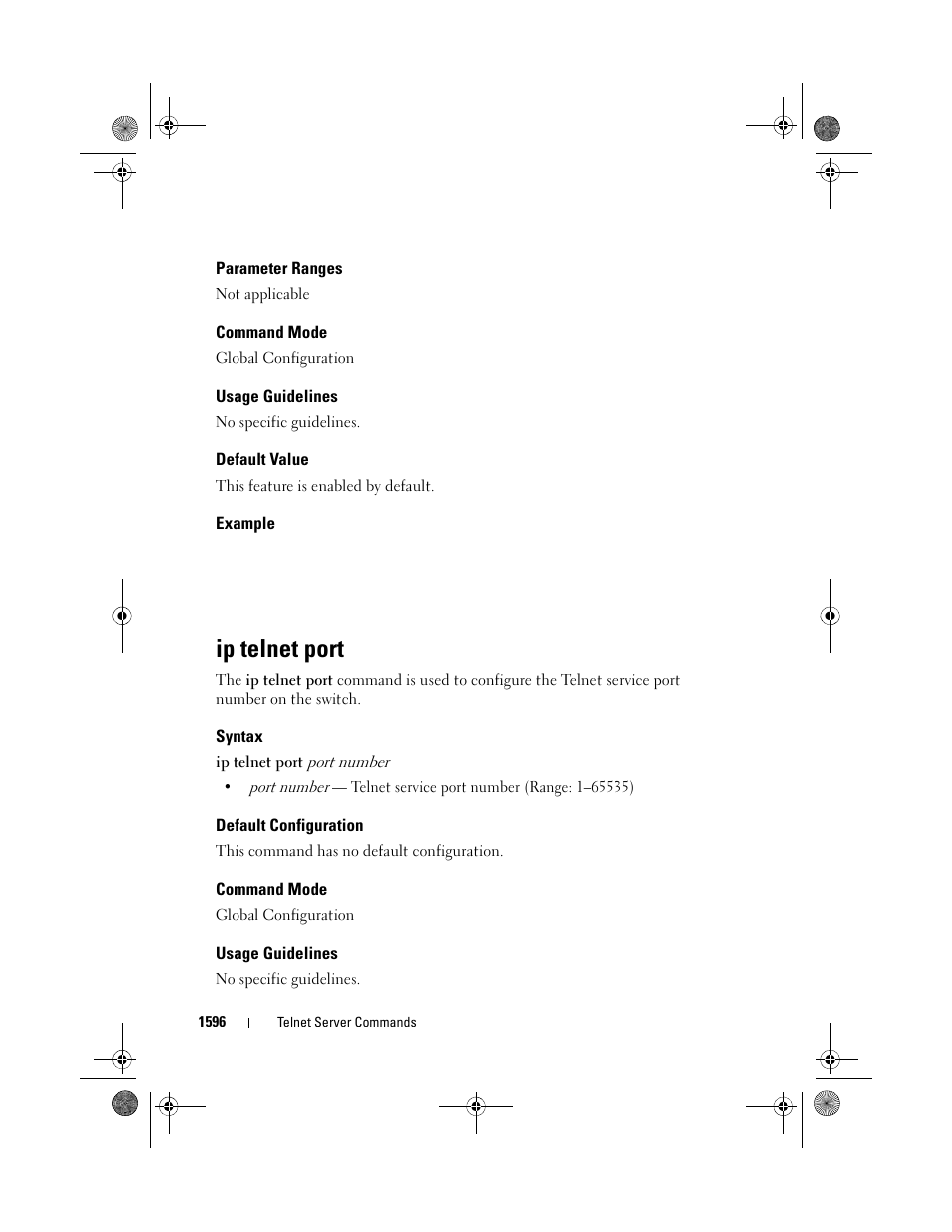 Parameter ranges, Command mode, Usage guidelines | Default value, Example, Ip telnet port, Syntax, Default configuration | Dell POWEREDGE M1000E User Manual | Page 1600 / 1682