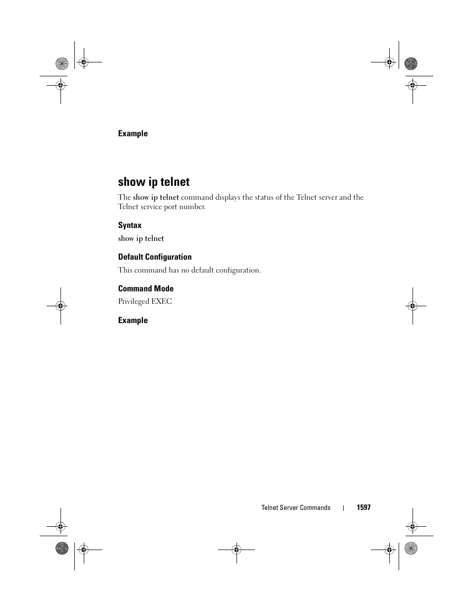 Example, Show ip telnet, Syntax | Default configuration, Command mode | Dell POWEREDGE M1000E User Manual | Page 1601 / 1682