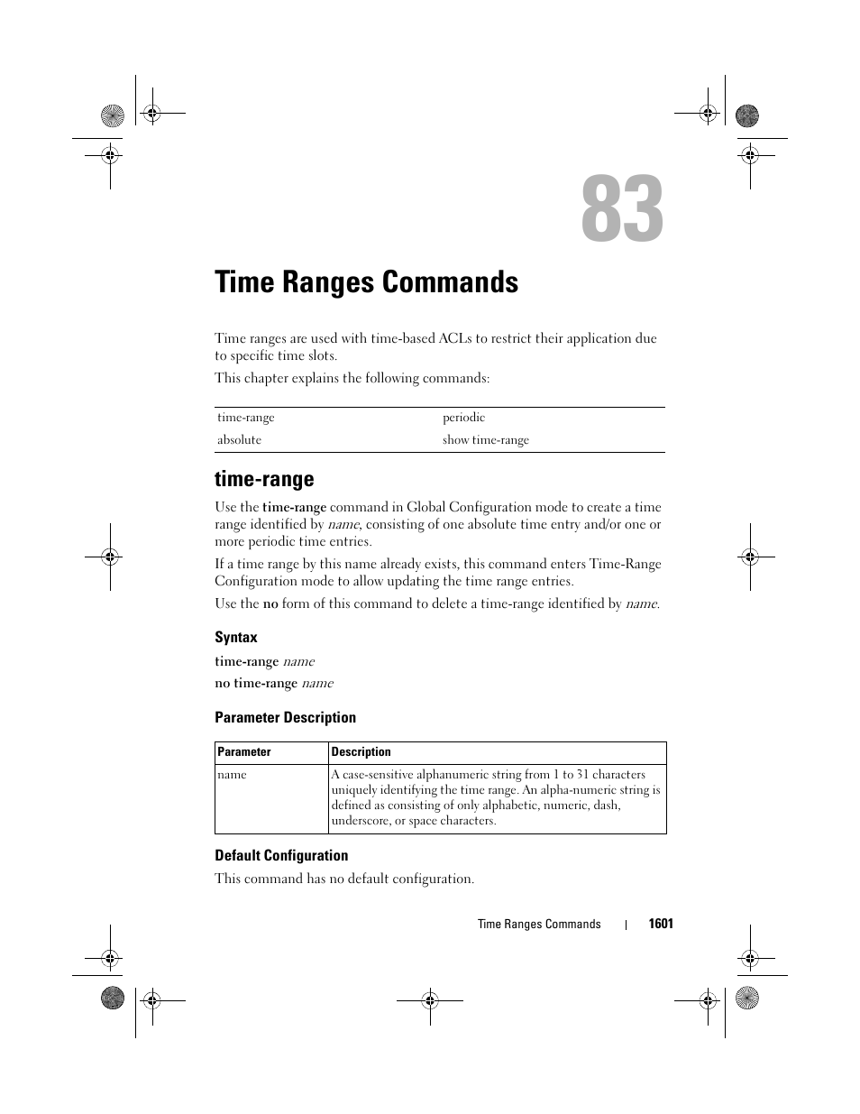 Time ranges commands, Time-range, Syntax | Parameter description, Default configuration, Time ranges, Commands | Dell POWEREDGE M1000E User Manual | Page 1605 / 1682