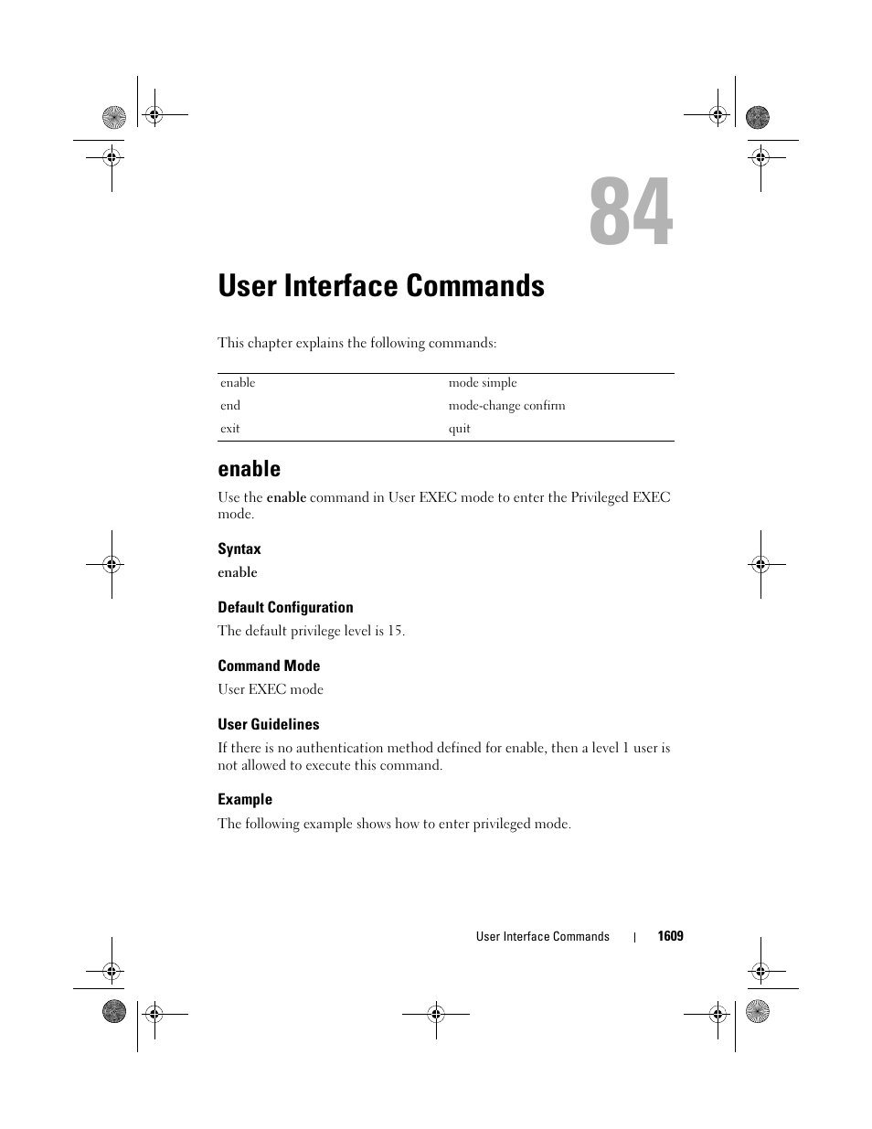 User interface commands, Enable, Syntax | Default configuration, Command mode, User guidelines, Example, User interface, Commands | Dell POWEREDGE M1000E User Manual | Page 1613 / 1682