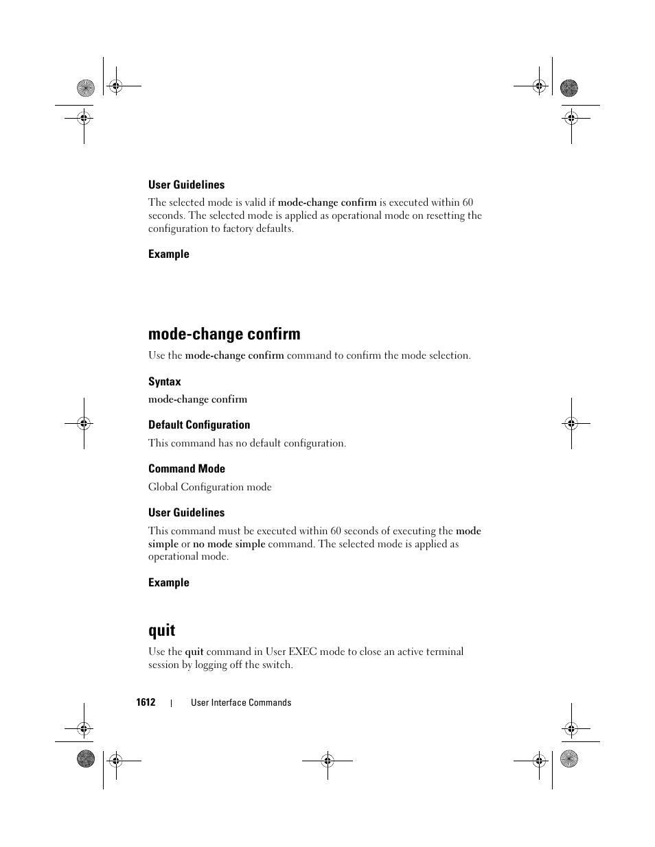 User guidelines, Example, Mode-change confirm | Syntax, Default configuration, Command mode, Quit | Dell POWEREDGE M1000E User Manual | Page 1616 / 1682