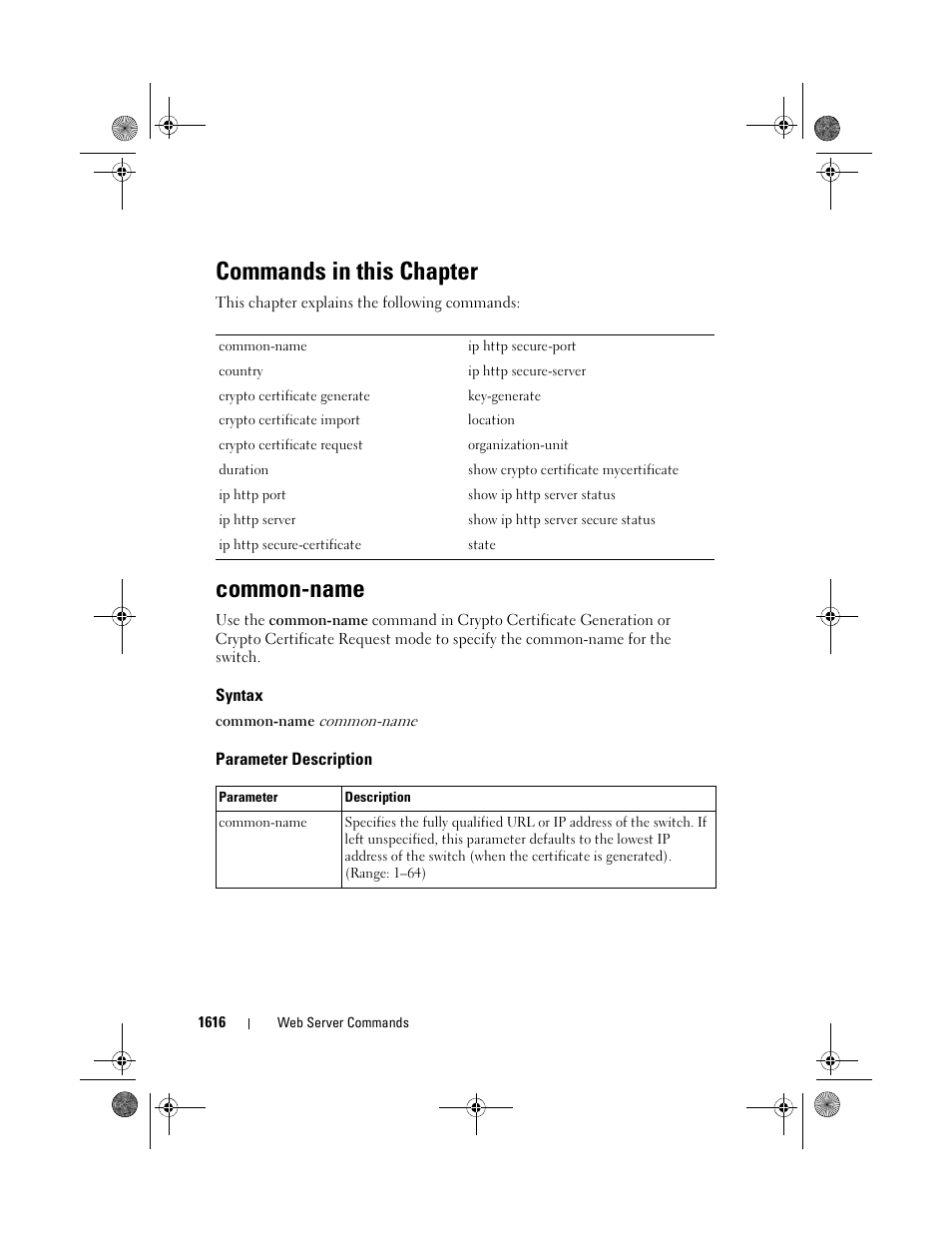 Commands in this chapter, Common-name, Syntax | Parameter description | Dell POWEREDGE M1000E User Manual | Page 1620 / 1682