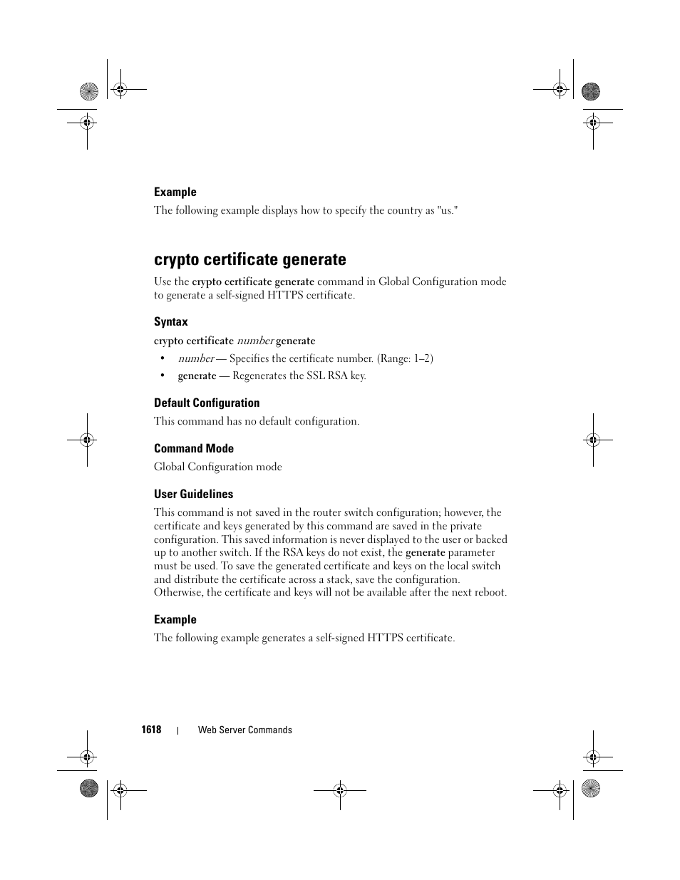 Example, Crypto certificate generate, Syntax | Default configuration, Command mode, User guidelines | Dell POWEREDGE M1000E User Manual | Page 1622 / 1682