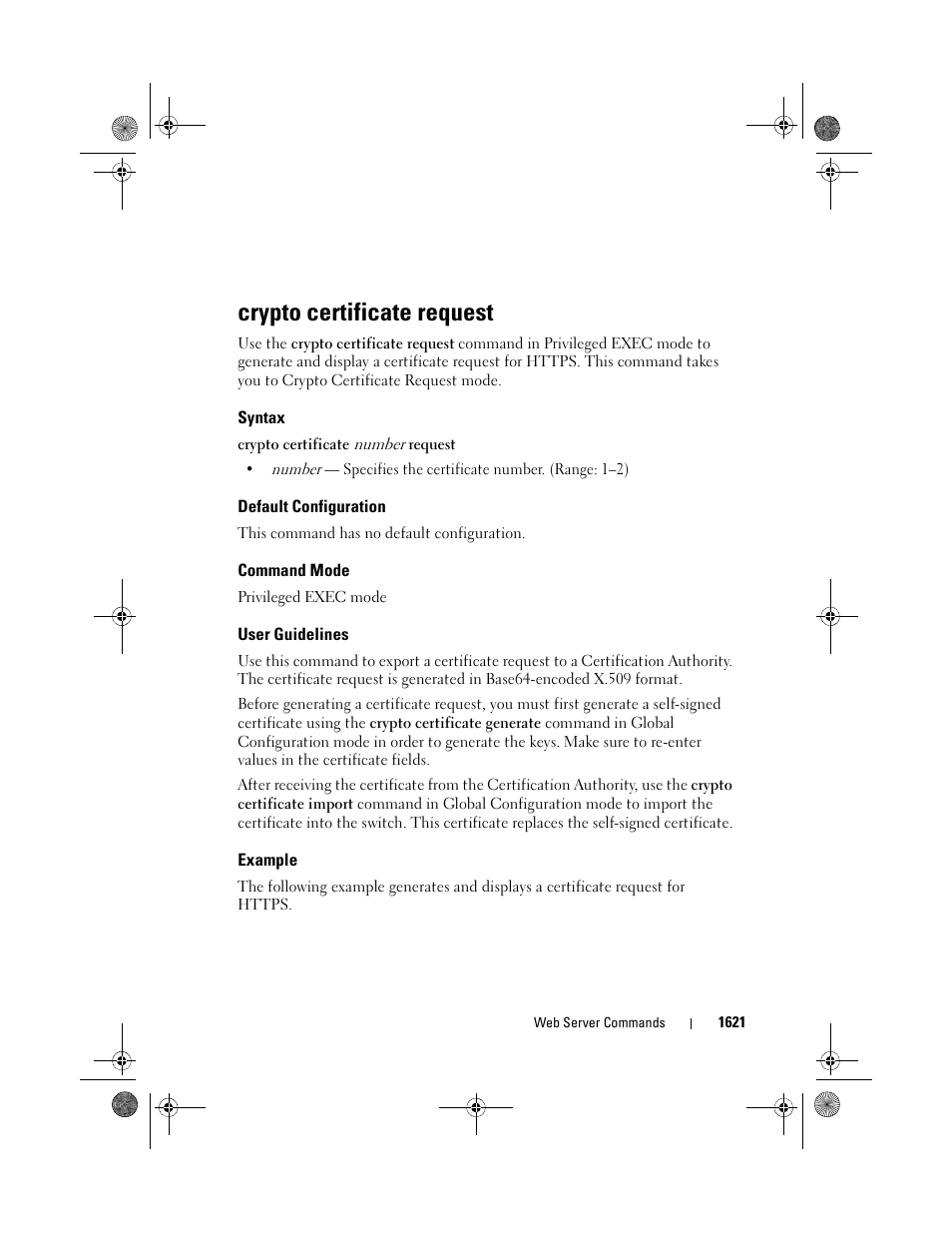 Crypto certificate request, Syntax, Default configuration | Command mode, User guidelines, Example | Dell POWEREDGE M1000E User Manual | Page 1625 / 1682