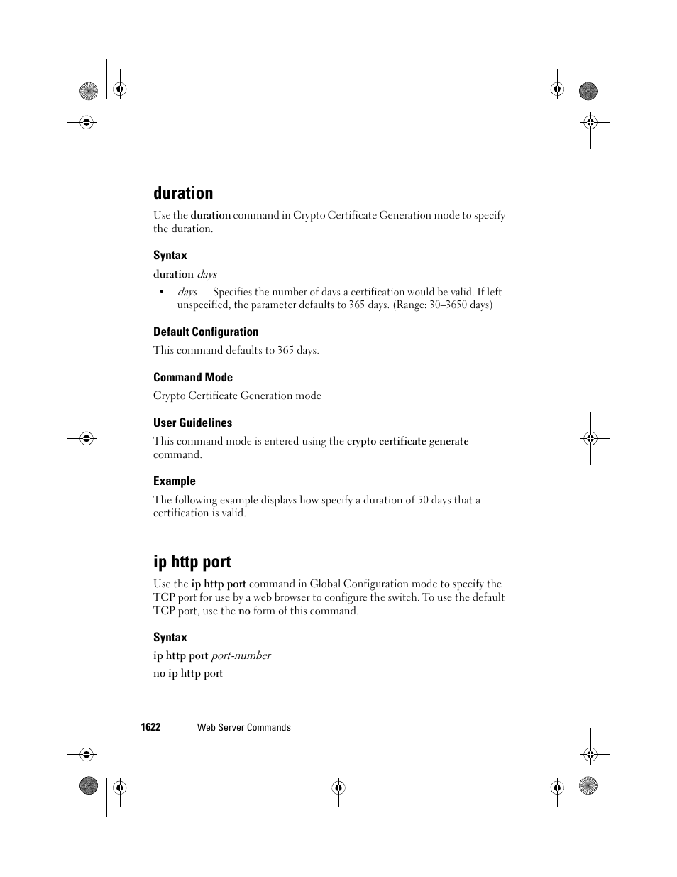 Duration, Syntax, Default configuration | Command mode, User guidelines, Example, Ip http port | Dell POWEREDGE M1000E User Manual | Page 1626 / 1682