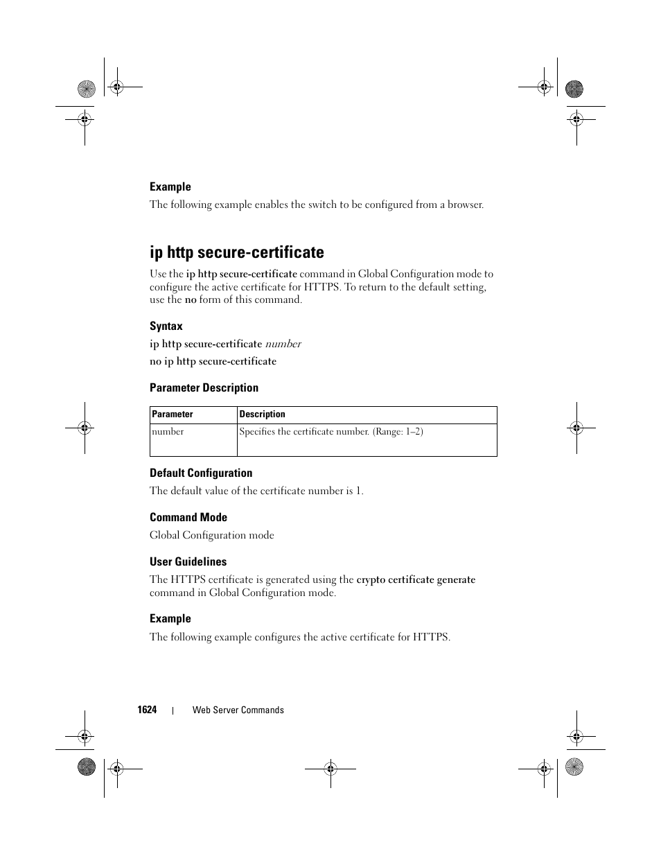 Example, Ip http secure-certificate, Syntax | Parameter description, Default configuration, Command mode, User guidelines | Dell POWEREDGE M1000E User Manual | Page 1628 / 1682