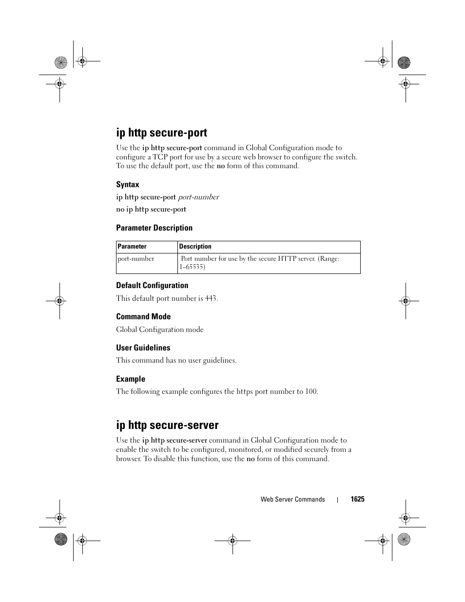 Ip http secure-port, Syntax, Parameter description | Default configuration, Command mode, User guidelines, Example, Ip http secure-server | Dell POWEREDGE M1000E User Manual | Page 1629 / 1682