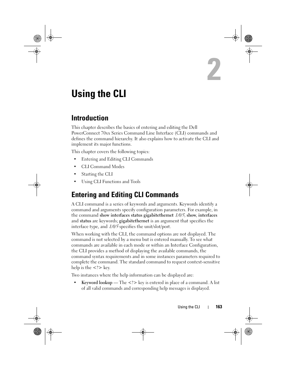 Using the cli, Introduction, Entering and editing cli commands | Dell POWEREDGE M1000E User Manual | Page 163 / 1682