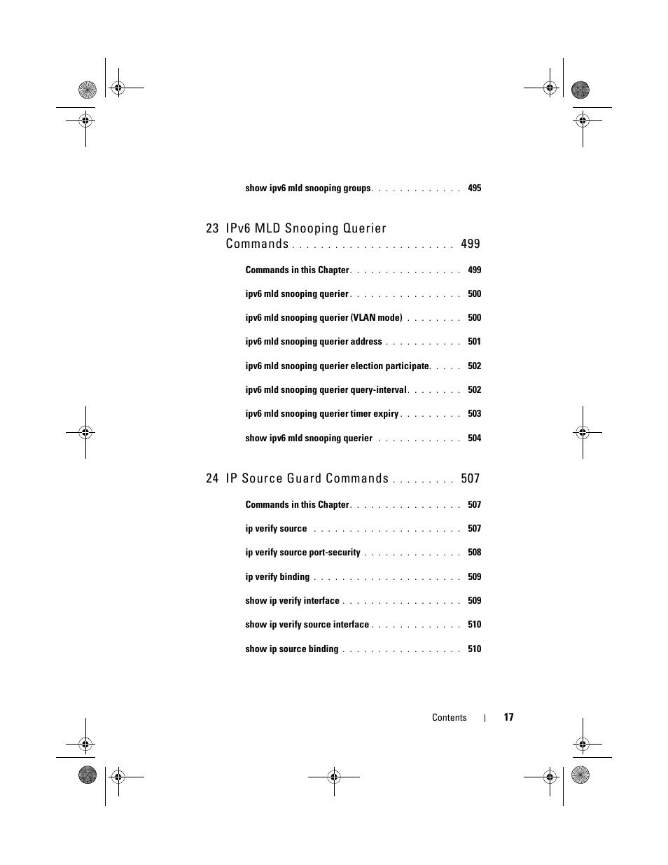 23 ipv6 mld snooping querier commands, 24 ip source guard commands | Dell POWEREDGE M1000E User Manual | Page 17 / 1682