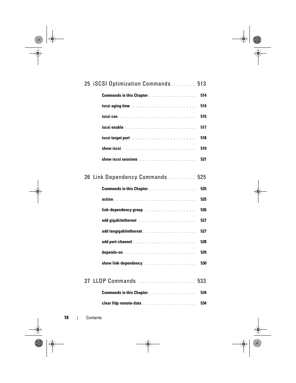 25 iscsi optimization commands, 26 link dependency commands, 27 lldp commands | Dell POWEREDGE M1000E User Manual | Page 18 / 1682