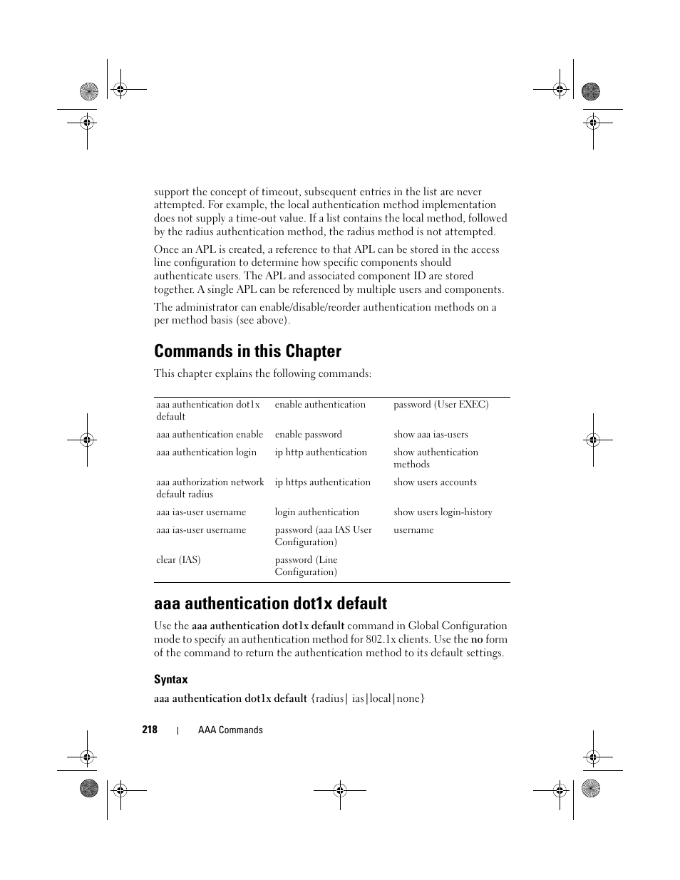 Commands in this chapter, Aaa authentication dot1x default, Syntax | Dell POWEREDGE M1000E User Manual | Page 218 / 1682