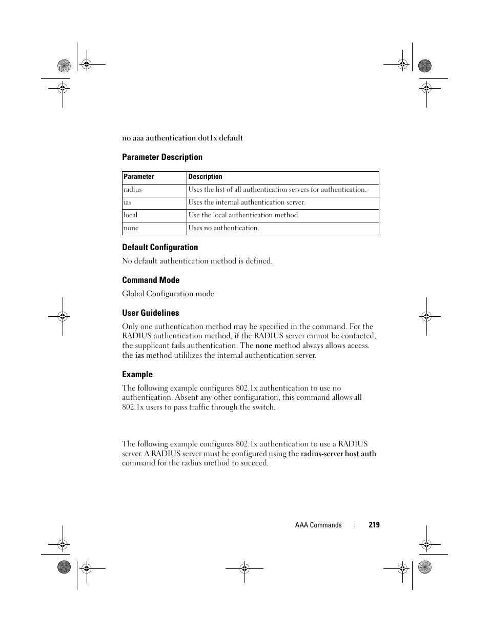 Parameter description, Default configuration, Command mode | User guidelines, Example | Dell POWEREDGE M1000E User Manual | Page 219 / 1682