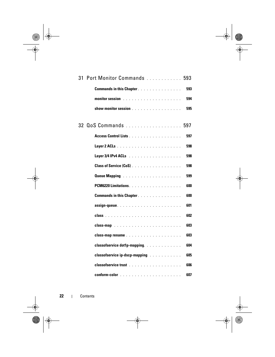 31 port monitor commands, 32 qos commands | Dell POWEREDGE M1000E User Manual | Page 22 / 1682