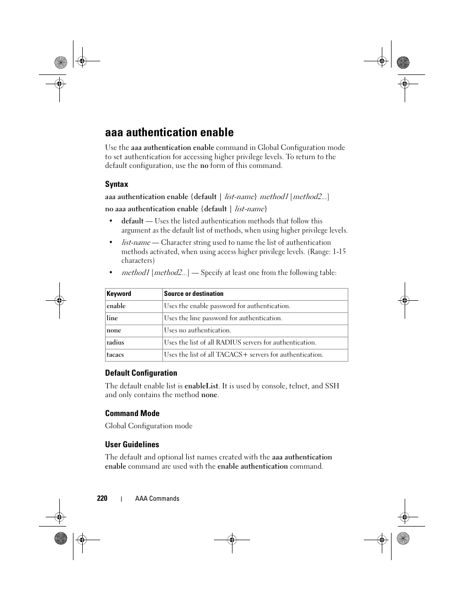 Aaa authentication enable, Syntax, Default configuration | Command mode, User guidelines | Dell POWEREDGE M1000E User Manual | Page 220 / 1682