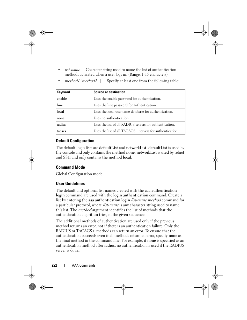 Default configuration, Command mode, User guidelines | Dell POWEREDGE M1000E User Manual | Page 222 / 1682