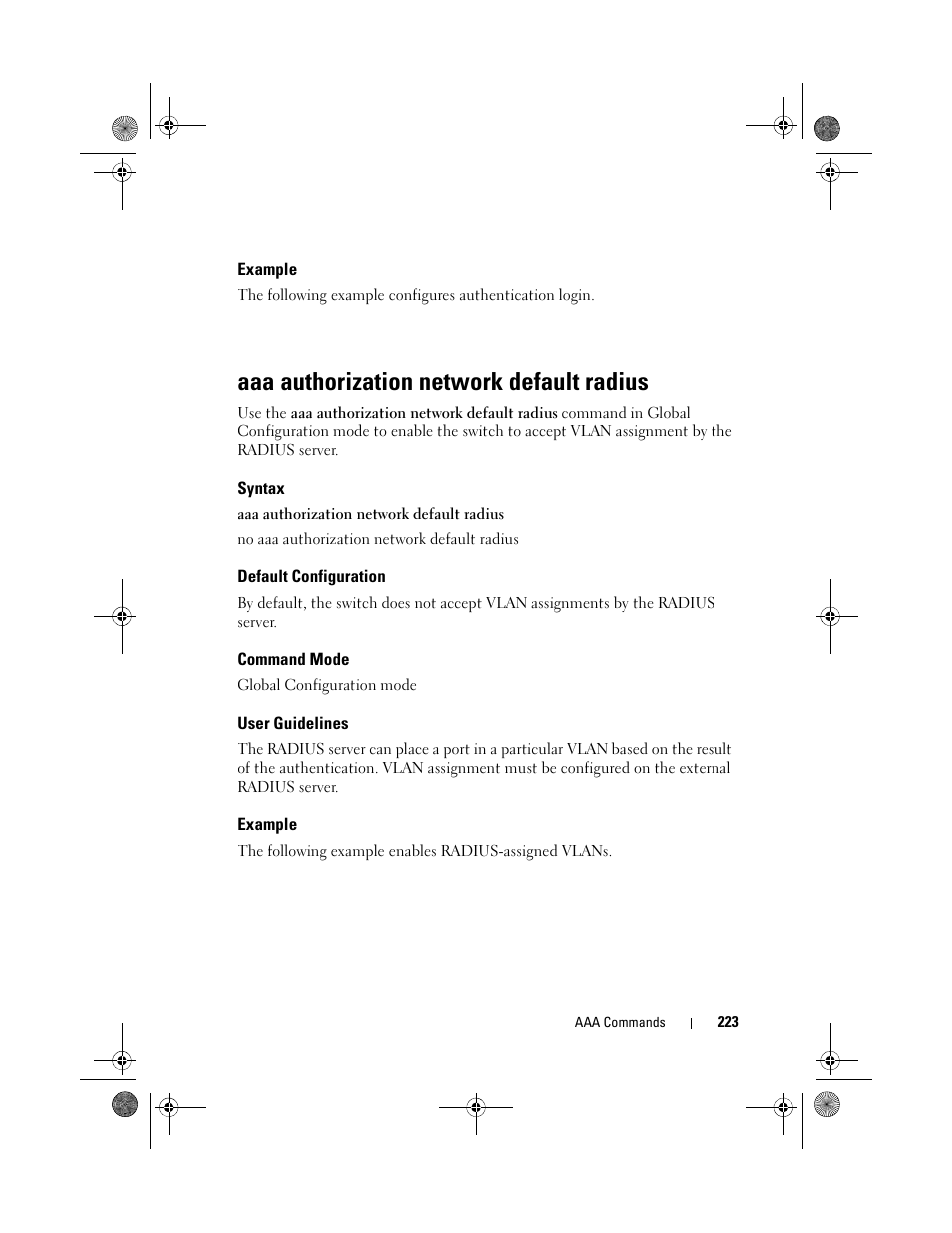 Example, Aaa authorization network default radius, Syntax | Default configuration, Command mode, User guidelines, Aaa authorization network, Default radius | Dell POWEREDGE M1000E User Manual | Page 223 / 1682