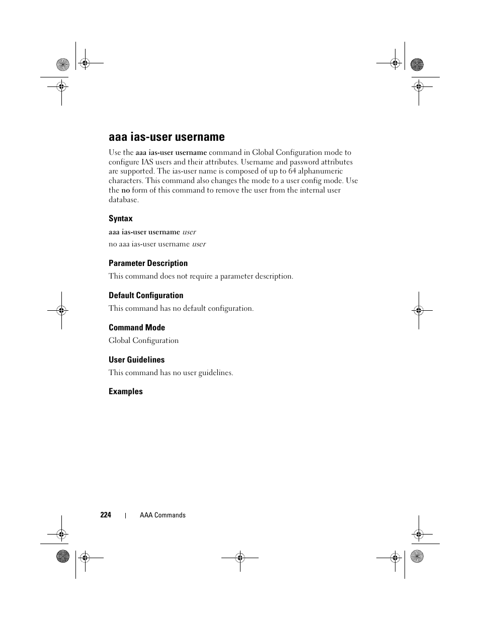 Aaa ias-user username, Syntax, Parameter description | Default configuration, Command mode, User guidelines, Examples | Dell POWEREDGE M1000E User Manual | Page 224 / 1682