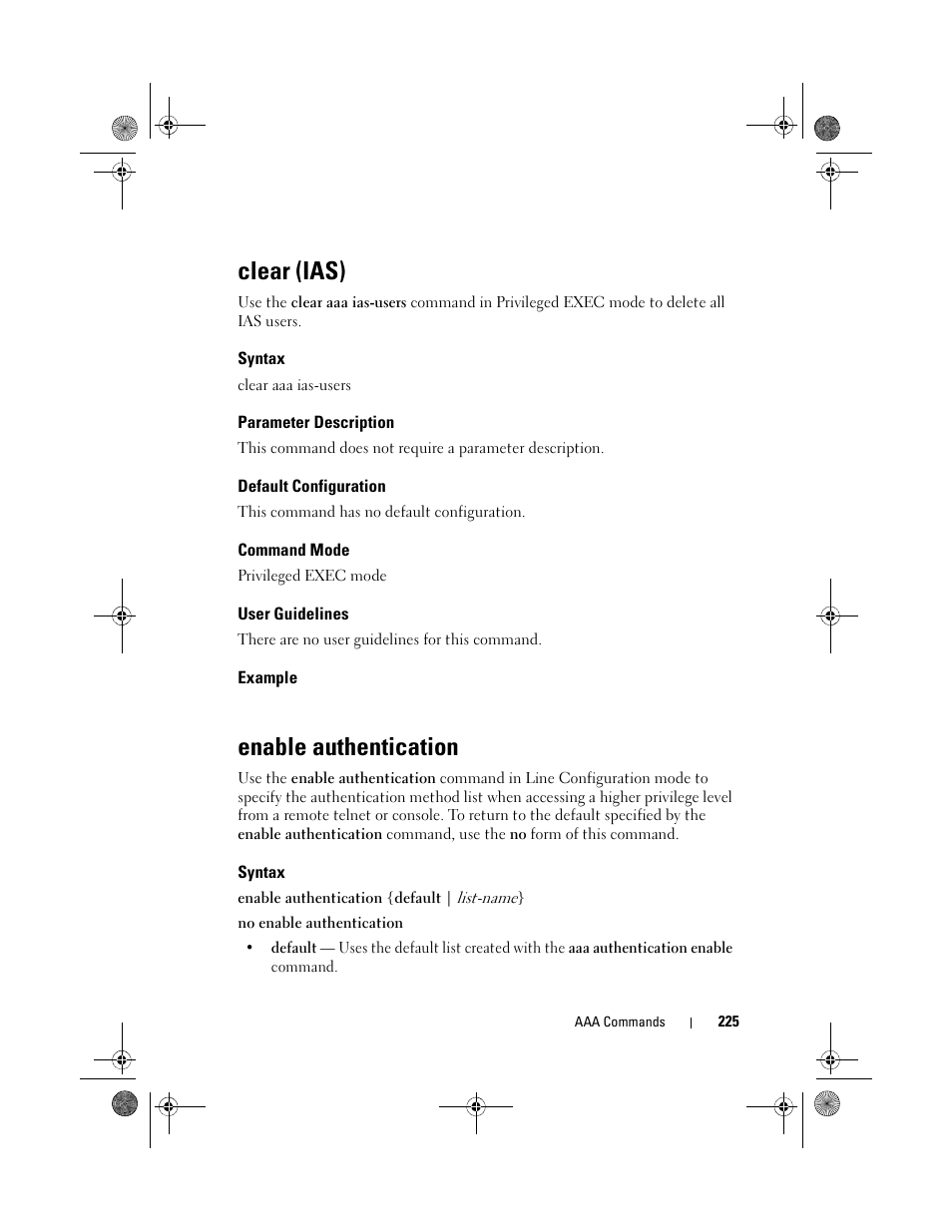 Clear (ias), Syntax, Parameter description | Default configuration, Command mode, User guidelines, Example, Enable authentication | Dell POWEREDGE M1000E User Manual | Page 225 / 1682