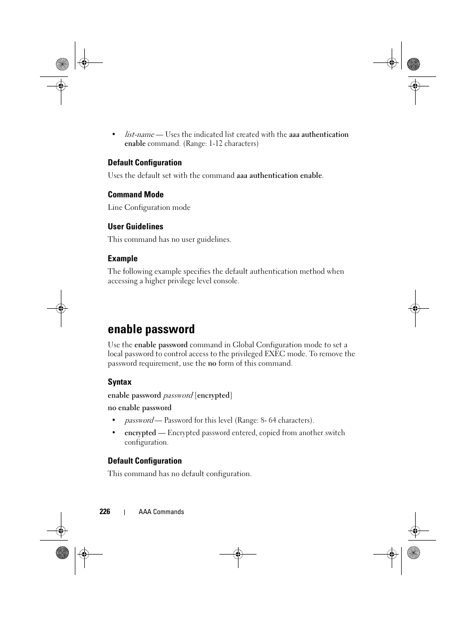 Default configuration, Command mode, User guidelines | Example, Enable password, Syntax | Dell POWEREDGE M1000E User Manual | Page 226 / 1682