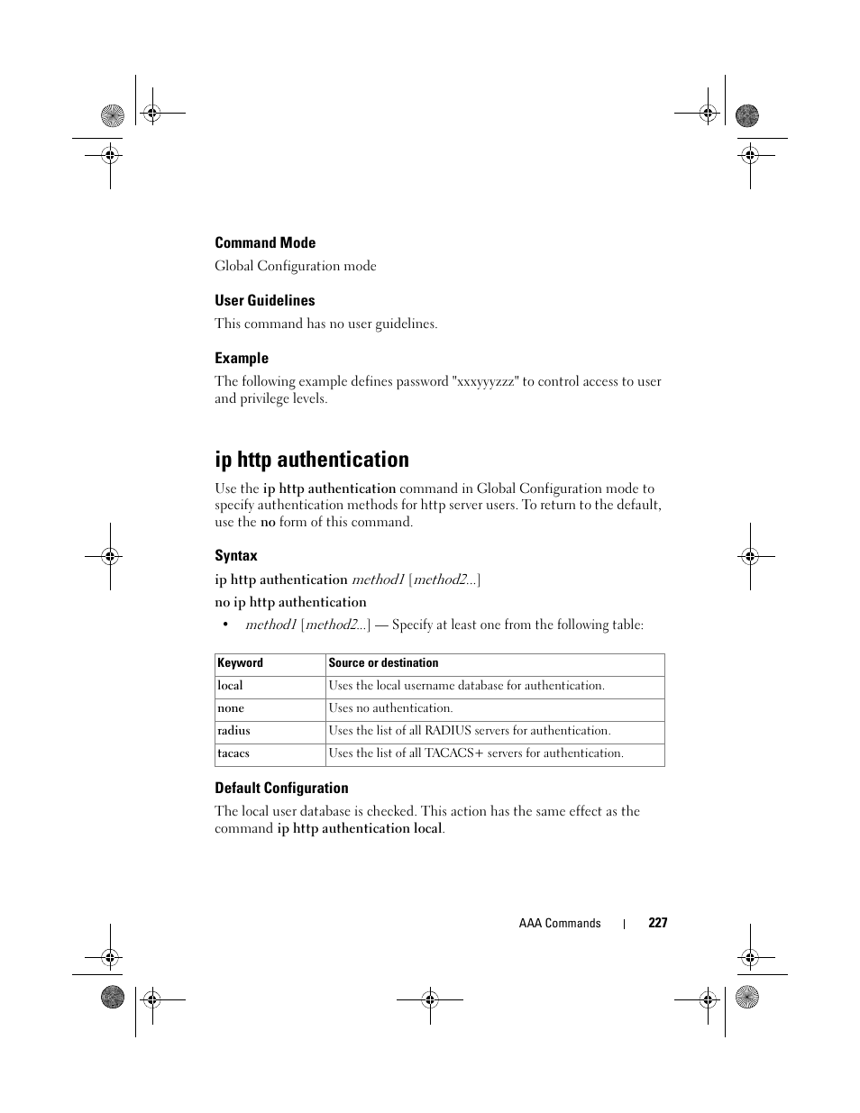 Command mode, User guidelines, Example | Ip http authentication, Syntax, Default configuration | Dell POWEREDGE M1000E User Manual | Page 227 / 1682