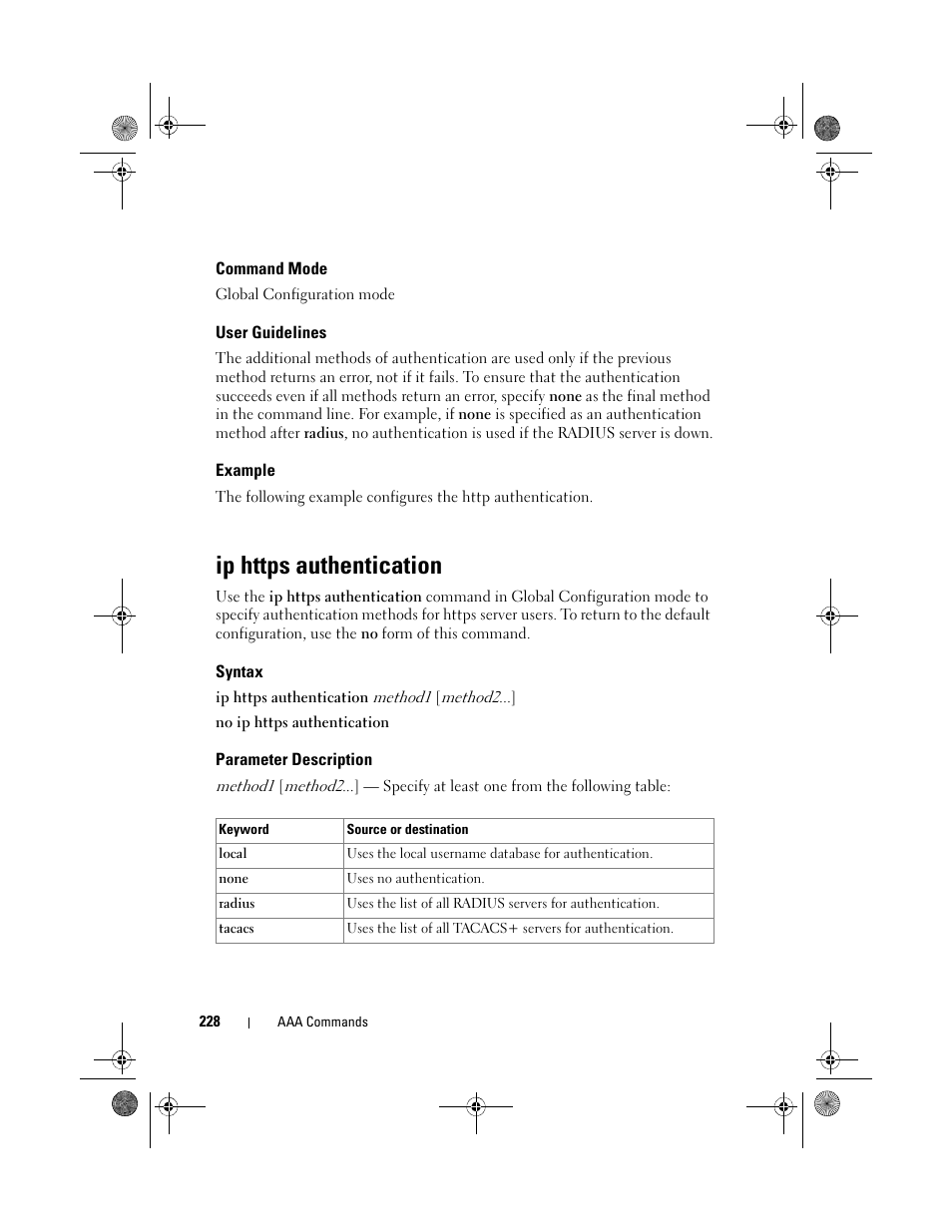 Command mode, User guidelines, Example | Ip https authentication, Syntax, Parameter description | Dell POWEREDGE M1000E User Manual | Page 228 / 1682