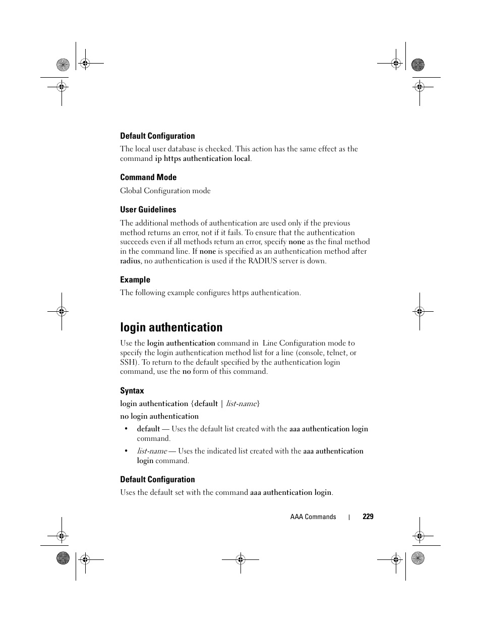 Default configuration, Command mode, User guidelines | Example, Login authentication, Syntax | Dell POWEREDGE M1000E User Manual | Page 229 / 1682