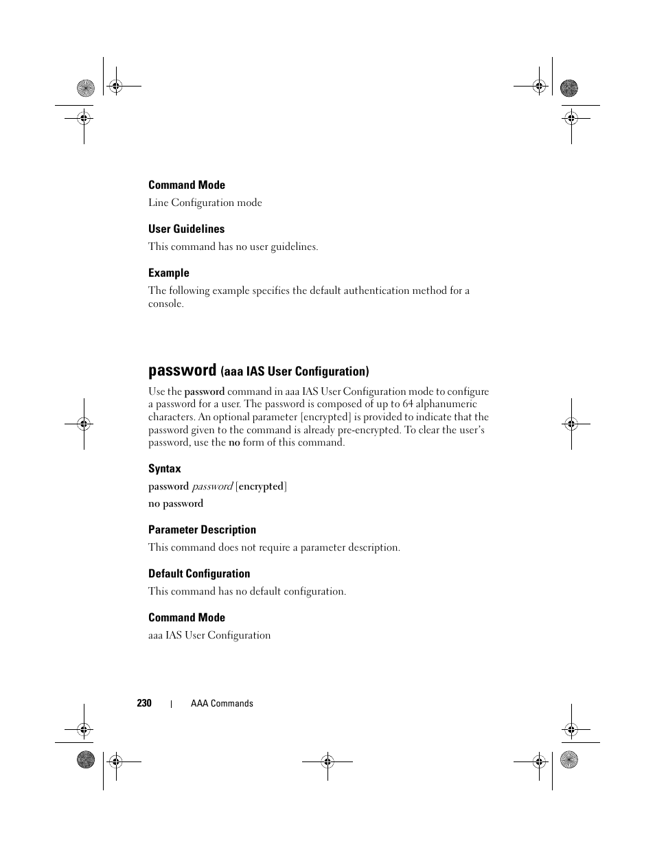 Command mode, User guidelines, Example | Password (aaa ias user configuration), Syntax, Parameter description, Default configuration, Password (aaa ias user, Configuration), Password | Dell POWEREDGE M1000E User Manual | Page 230 / 1682