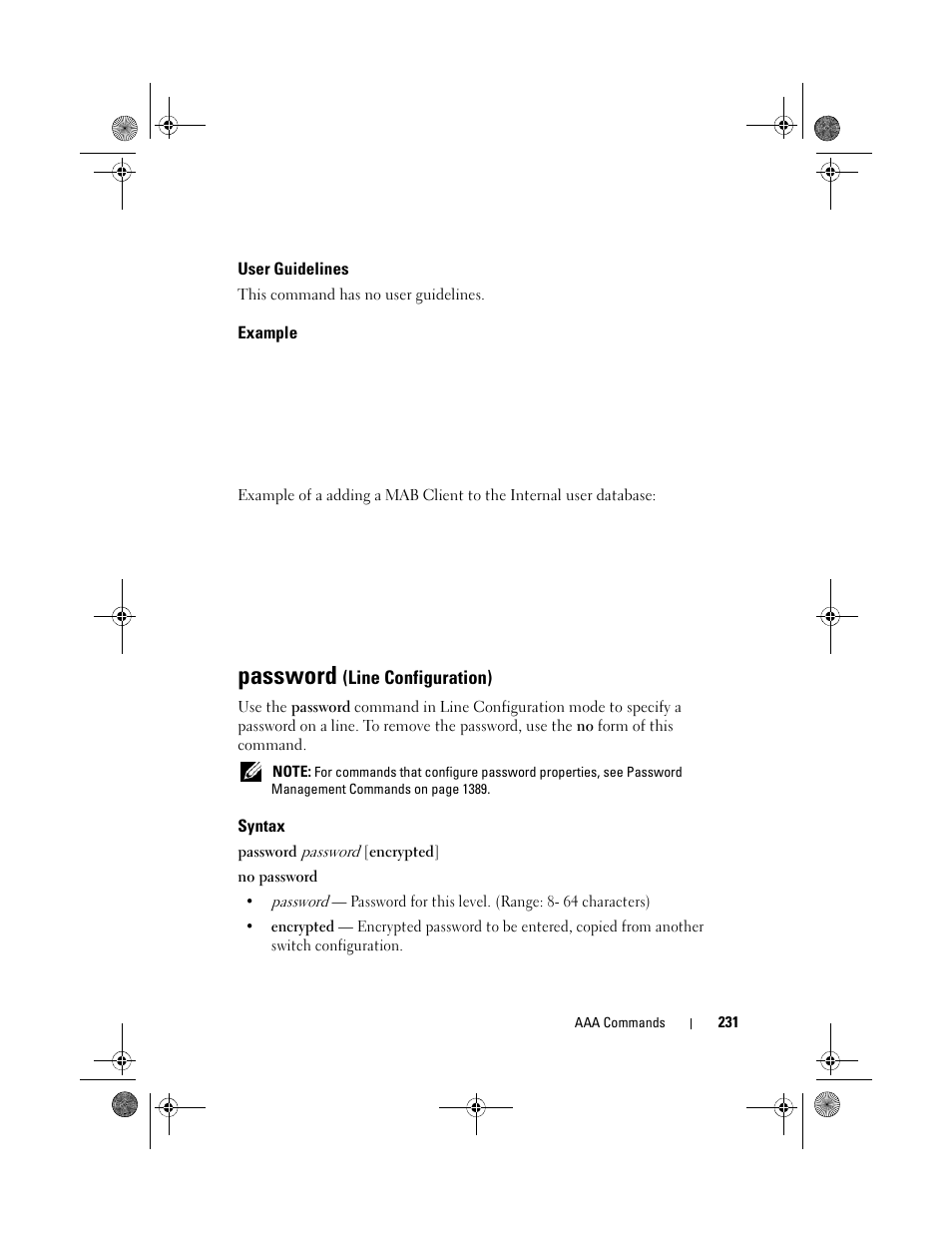 User guidelines, Example, Password (line configuration) | Syntax, Password (line, Configuration), Password | Dell POWEREDGE M1000E User Manual | Page 231 / 1682