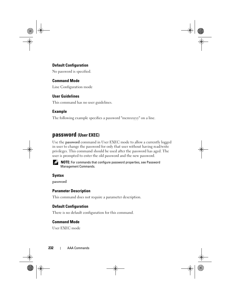 Default configuration, Command mode, User guidelines | Example, Password (user exec), Syntax, Parameter description, Password | Dell POWEREDGE M1000E User Manual | Page 232 / 1682