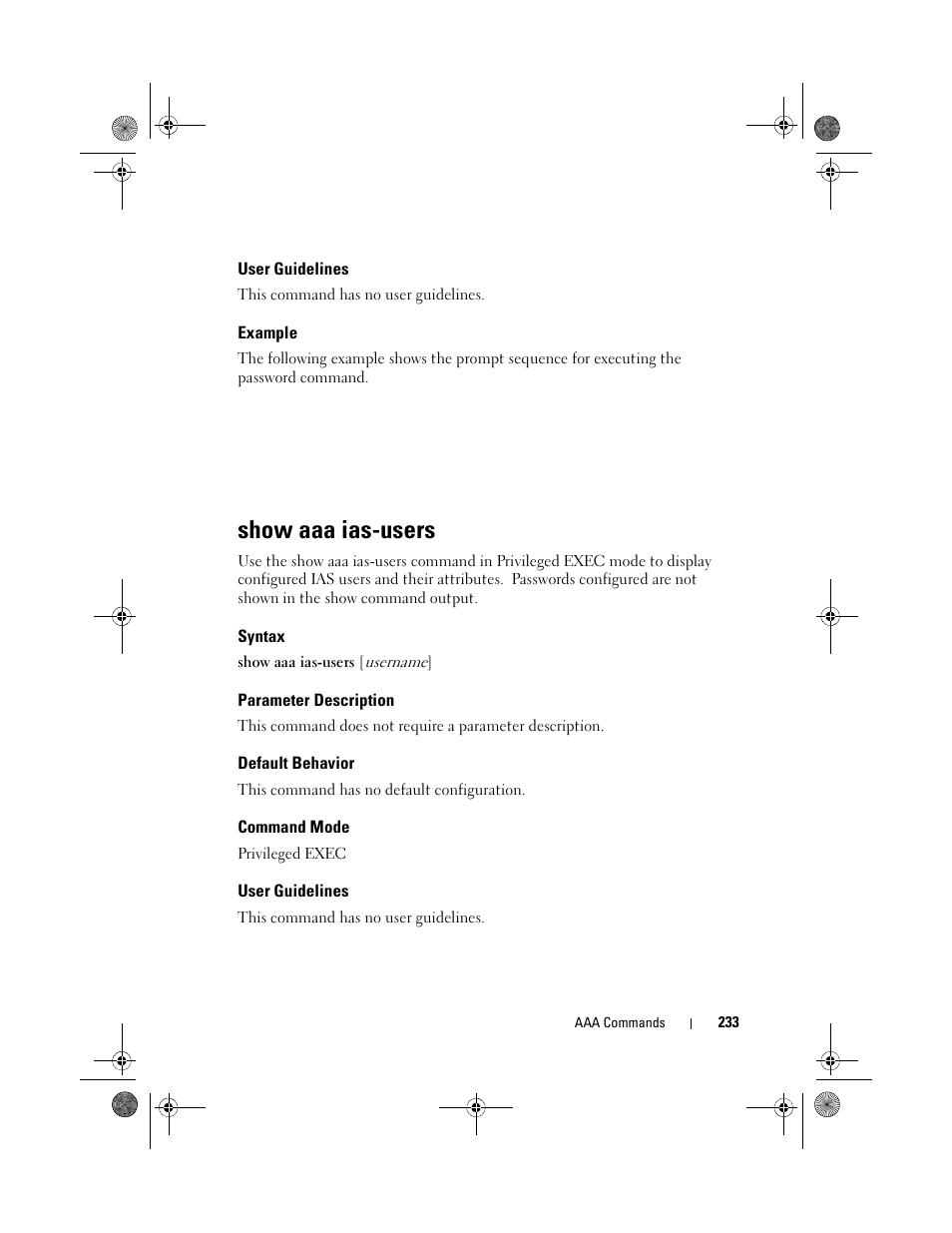 User guidelines, Example, Show aaa ias-users | Syntax, Parameter description, Default behavior, Command mode | Dell POWEREDGE M1000E User Manual | Page 233 / 1682