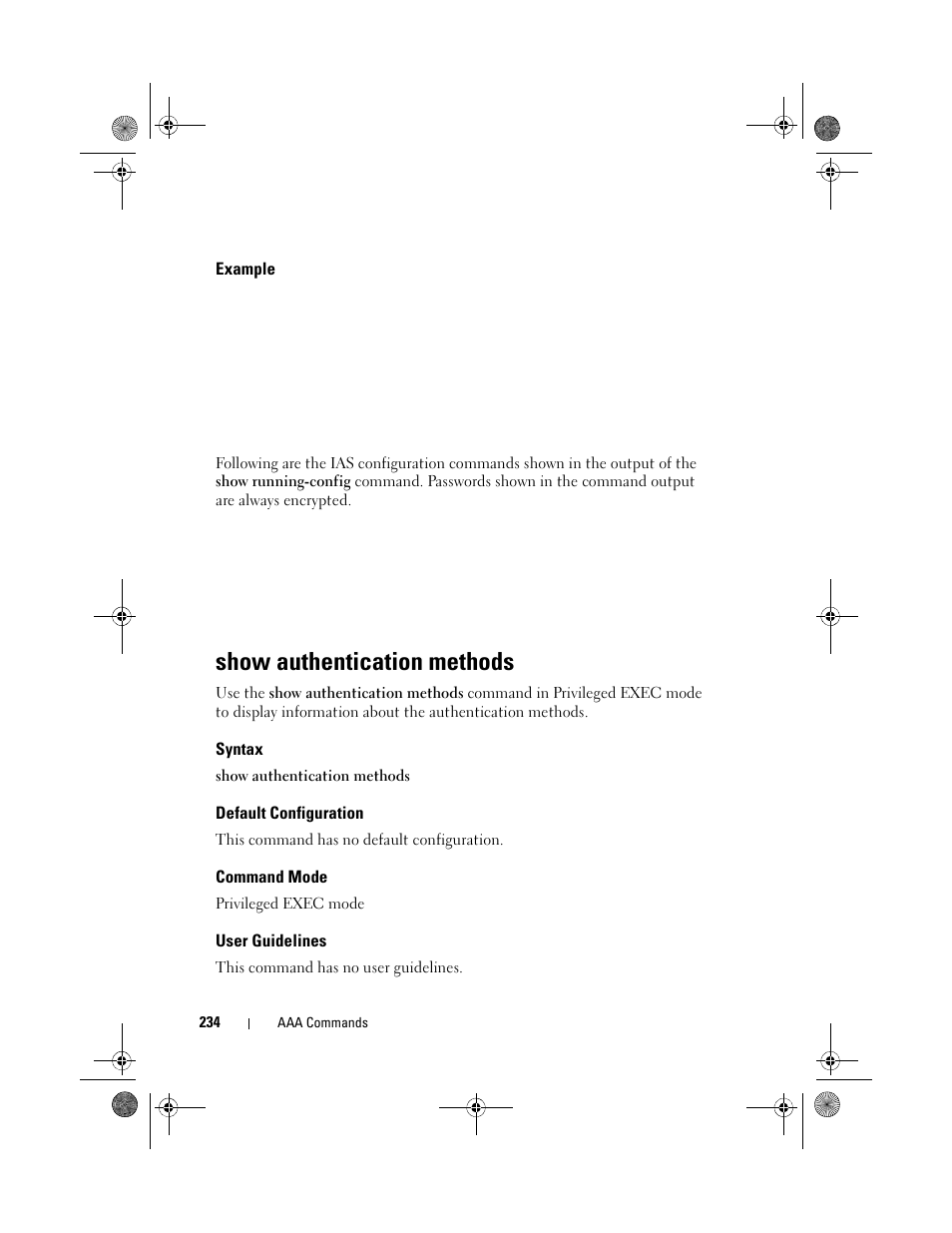 Example, Show authentication methods, Syntax | Default configuration, Command mode, User guidelines, Show authentication, Methods | Dell POWEREDGE M1000E User Manual | Page 234 / 1682