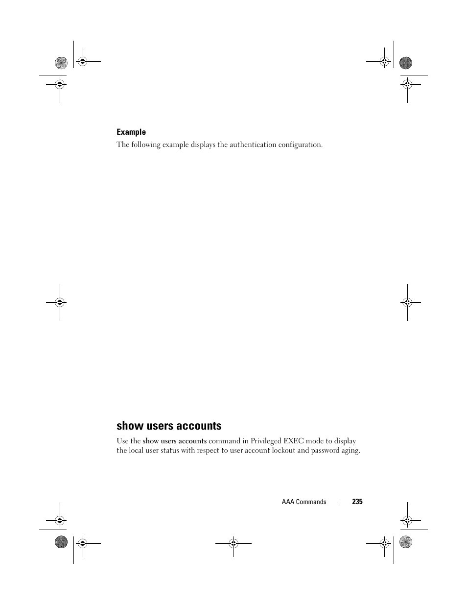 Example, Show users accounts | Dell POWEREDGE M1000E User Manual | Page 235 / 1682