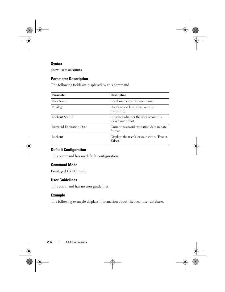 Syntax, Parameter description, Default configuration | Command mode, User guidelines, Example | Dell POWEREDGE M1000E User Manual | Page 236 / 1682