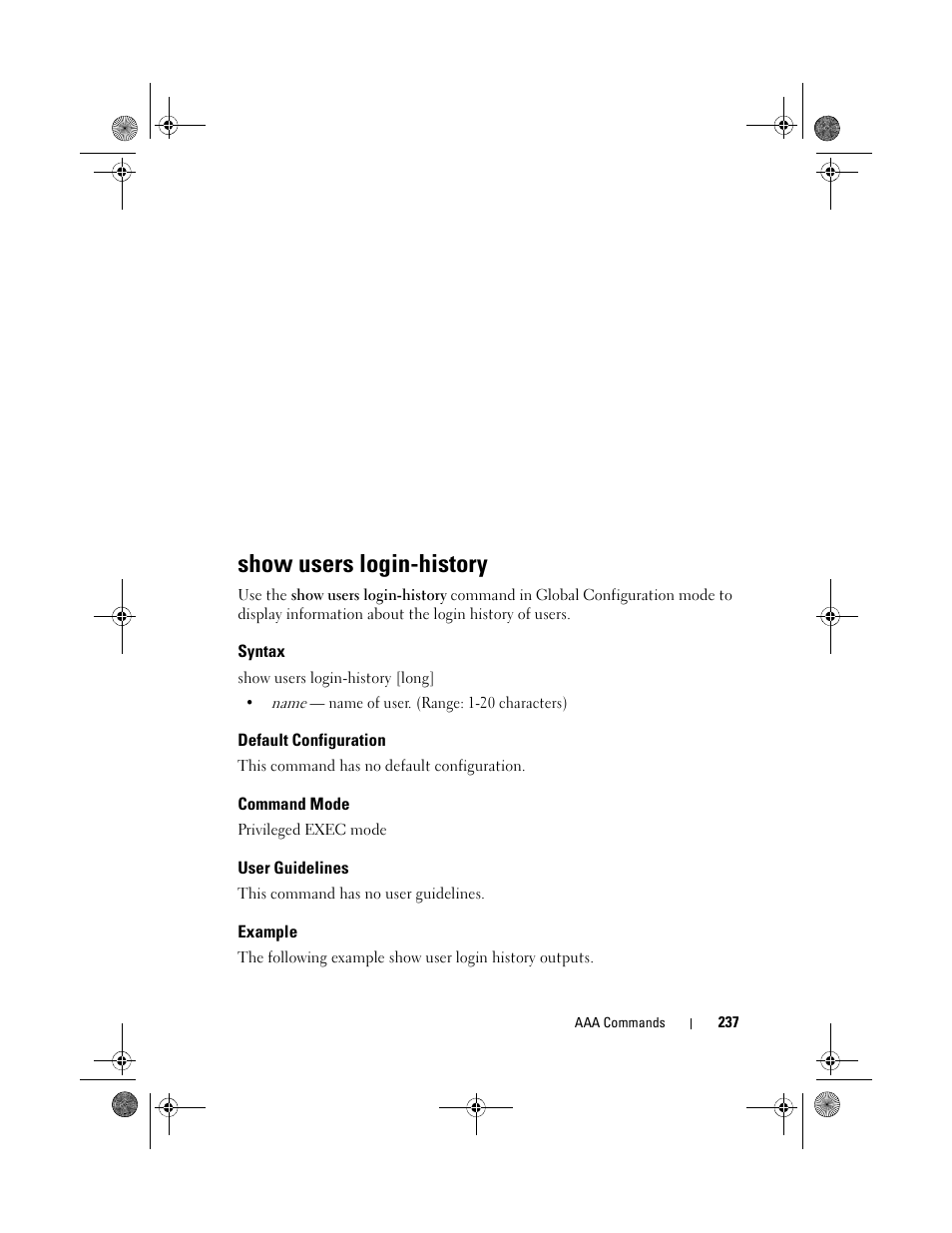 Show users login-history, Syntax, Default configuration | Command mode, User guidelines, Example | Dell POWEREDGE M1000E User Manual | Page 237 / 1682