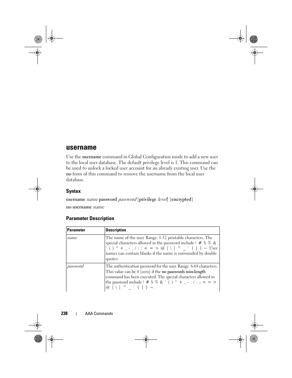 Username, Syntax, Parameter description | Dell POWEREDGE M1000E User Manual | Page 238 / 1682