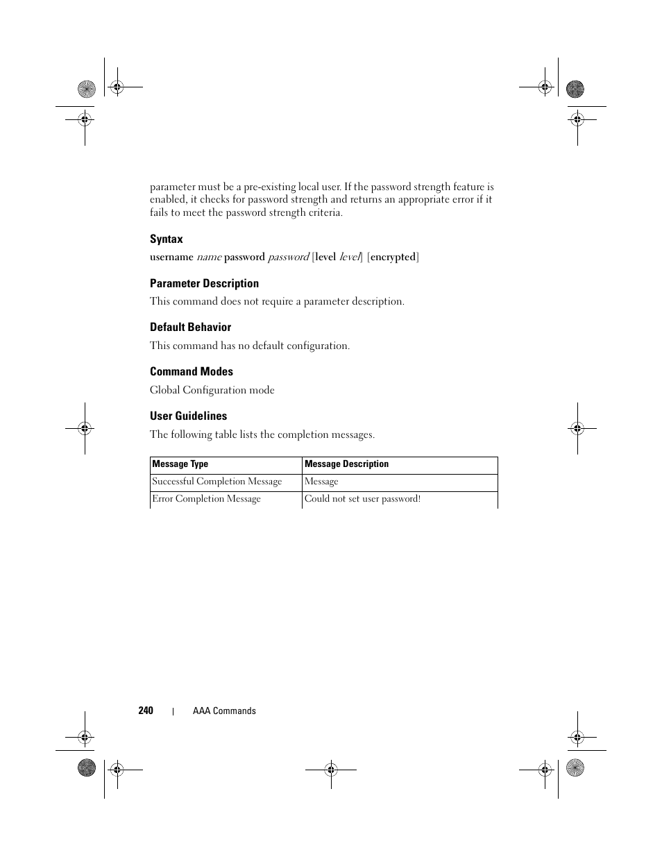 Syntax, Parameter description, Default behavior | Command modes, User guidelines | Dell POWEREDGE M1000E User Manual | Page 240 / 1682