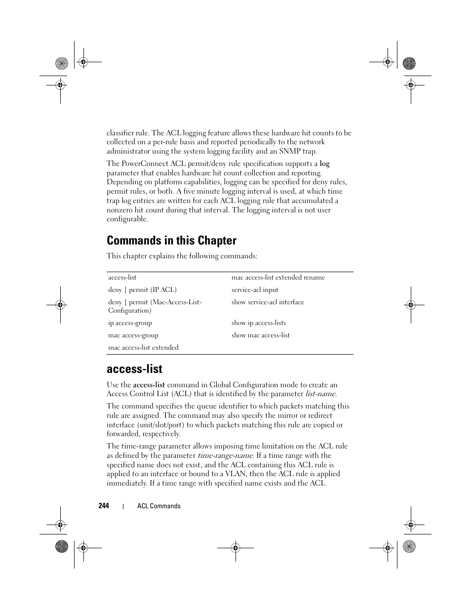 Commands in this chapter, Access-list | Dell POWEREDGE M1000E User Manual | Page 244 / 1682