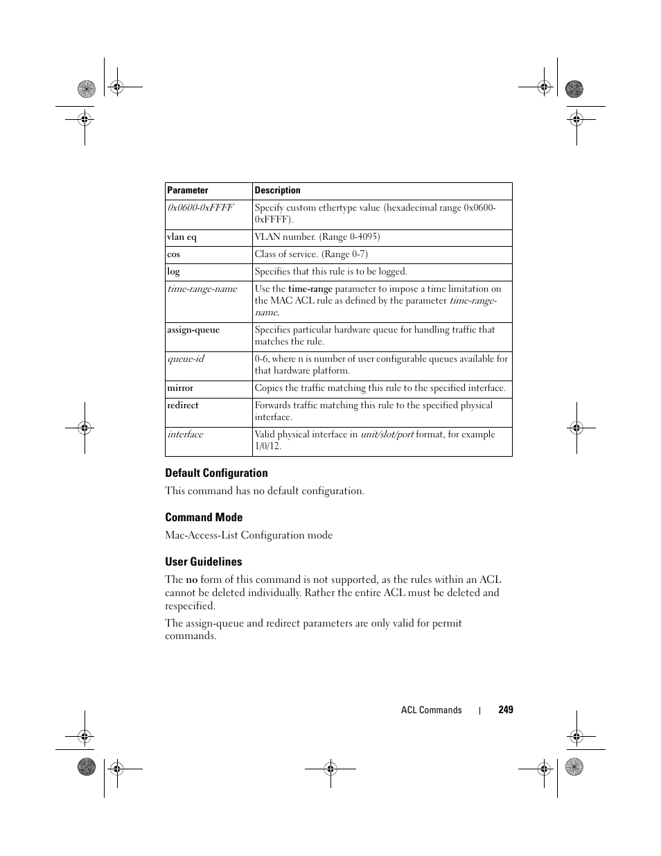 Default configuration, Command mode, User guidelines | Dell POWEREDGE M1000E User Manual | Page 249 / 1682