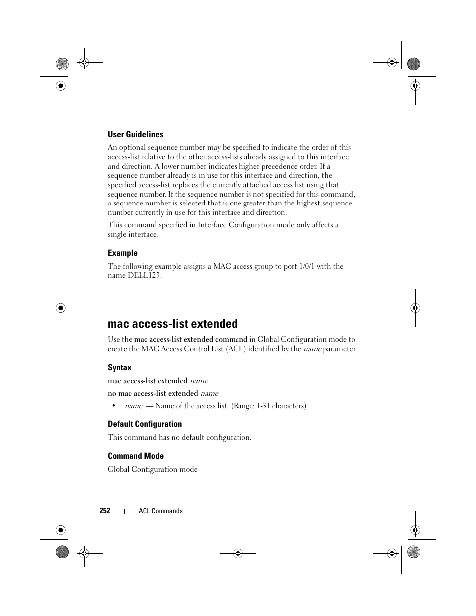 User guidelines, Example, Mac access-list extended | Syntax, Default configuration, Command mode | Dell POWEREDGE M1000E User Manual | Page 252 / 1682