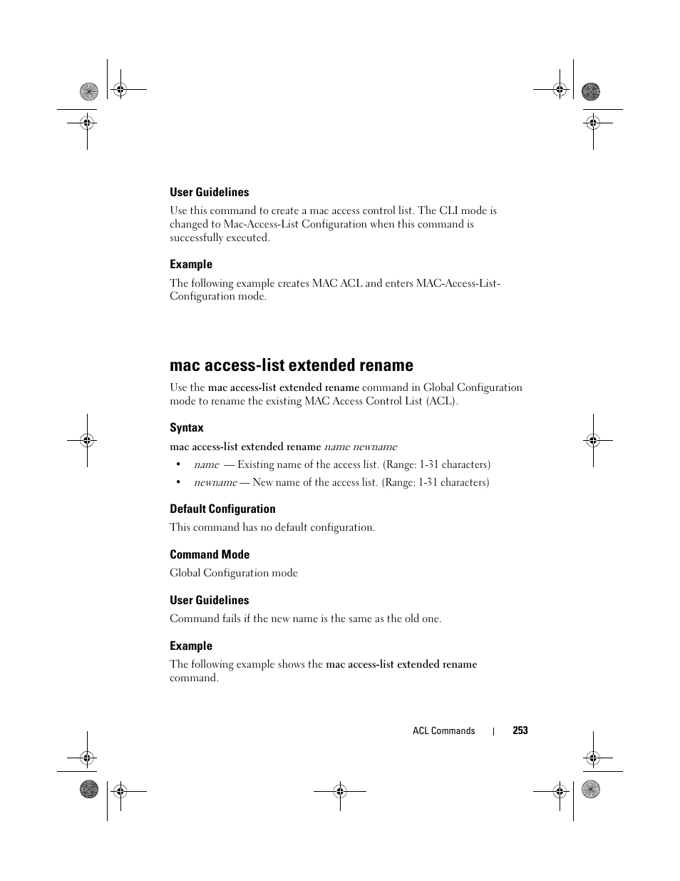 User guidelines, Example, Mac access-list extended rename | Syntax, Default configuration, Command mode | Dell POWEREDGE M1000E User Manual | Page 253 / 1682