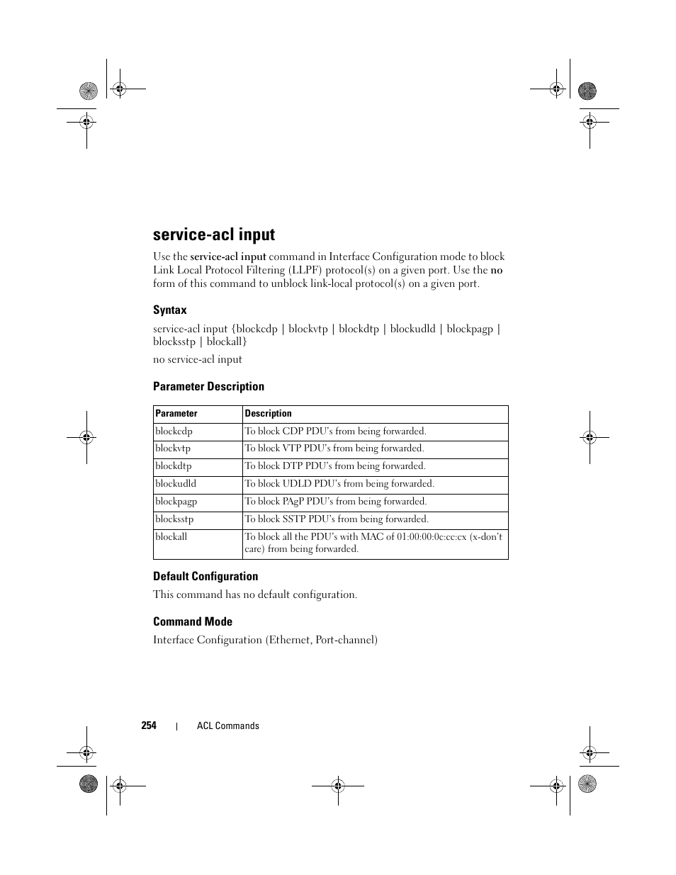 Service-acl input, Syntax, Parameter description | Default configuration, Command mode | Dell POWEREDGE M1000E User Manual | Page 254 / 1682