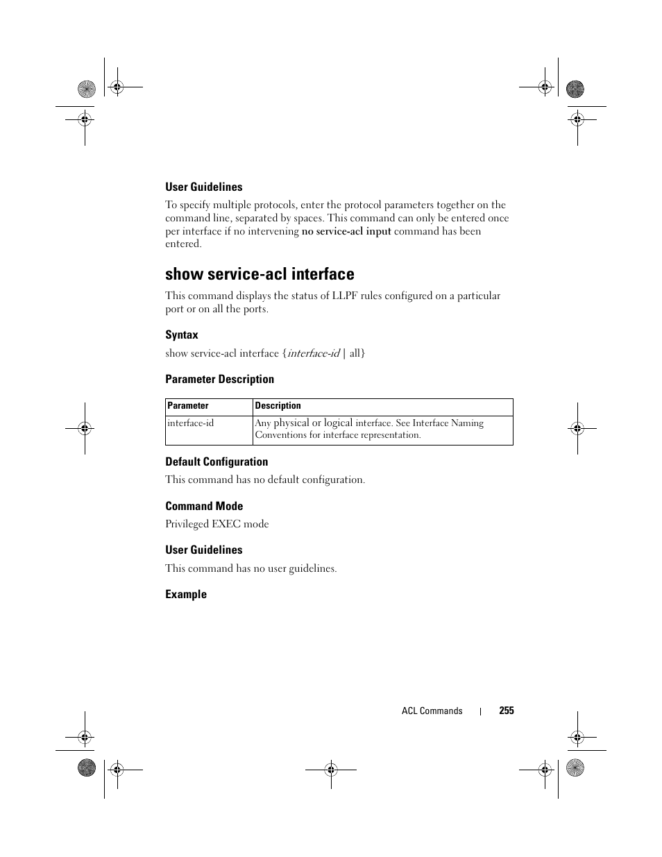 User guidelines, Show service-acl interface, Syntax | Parameter description, Default configuration, Command mode, Example | Dell POWEREDGE M1000E User Manual | Page 255 / 1682