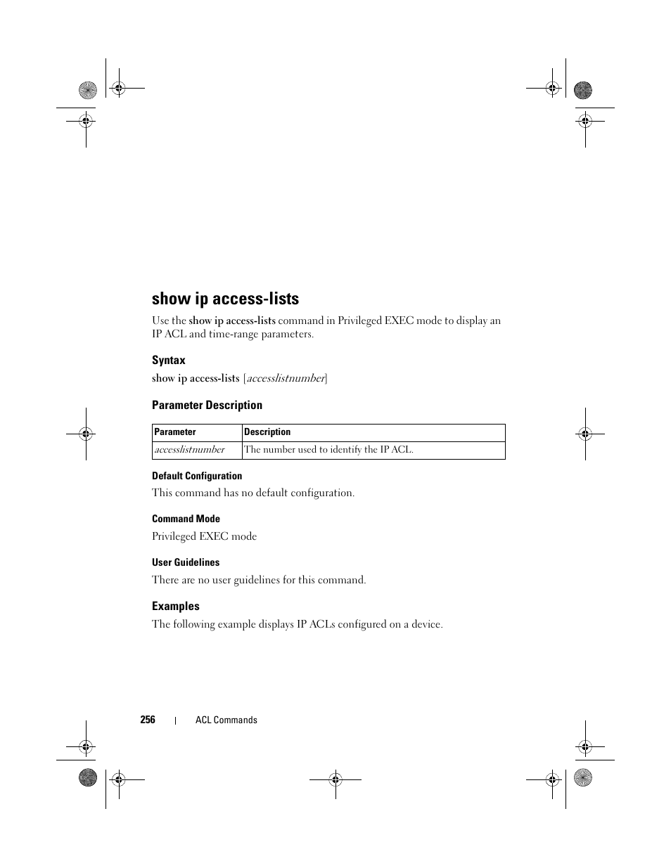 Show ip access-lists, Syntax, Parameter description | Examples | Dell POWEREDGE M1000E User Manual | Page 256 / 1682