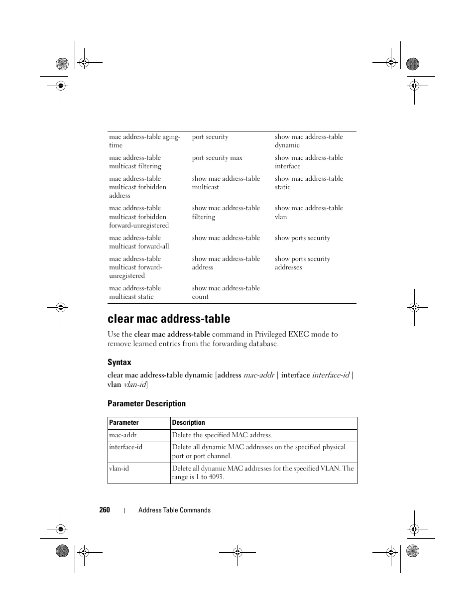 Clear mac address-table, Syntax, Parameter description | Dell POWEREDGE M1000E User Manual | Page 260 / 1682