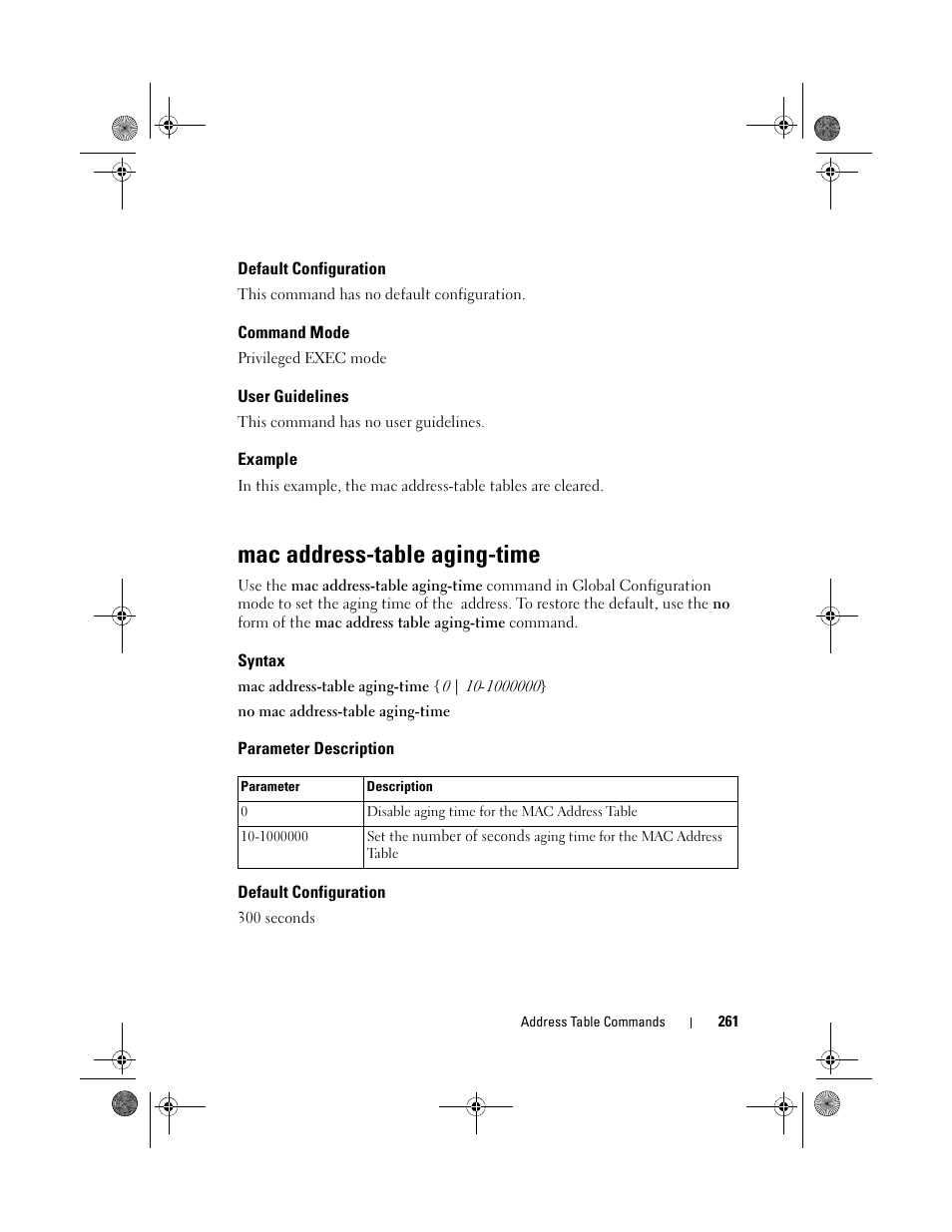 Default configuration, Command mode, User guidelines | Example, Mac address-table aging-time, Syntax, Parameter description, Mac address-table aging, Time | Dell POWEREDGE M1000E User Manual | Page 261 / 1682