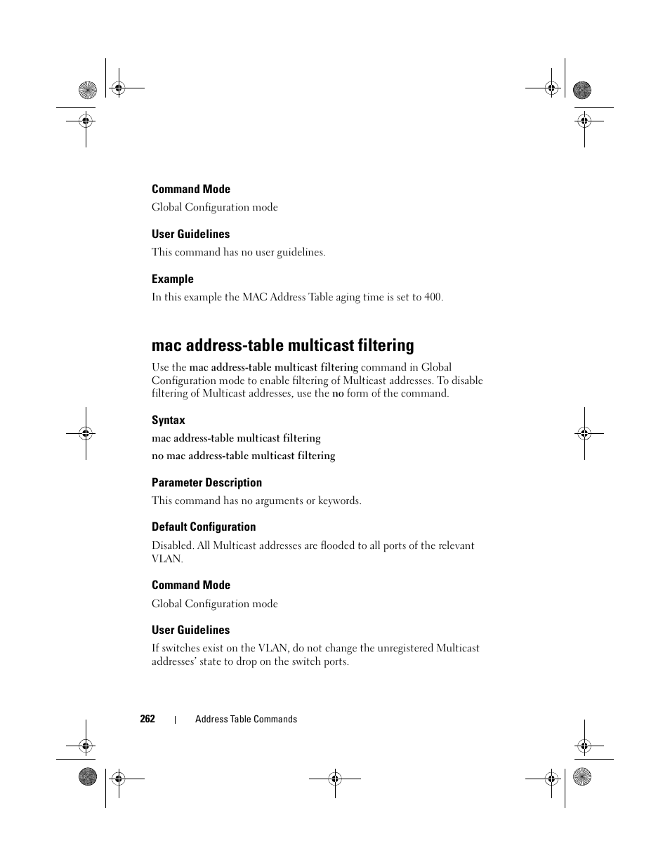 Command mode, User guidelines, Example | Mac address-table multicast filtering, Syntax, Parameter description, Default configuration, Mac address-table, Multicast filtering | Dell POWEREDGE M1000E User Manual | Page 262 / 1682