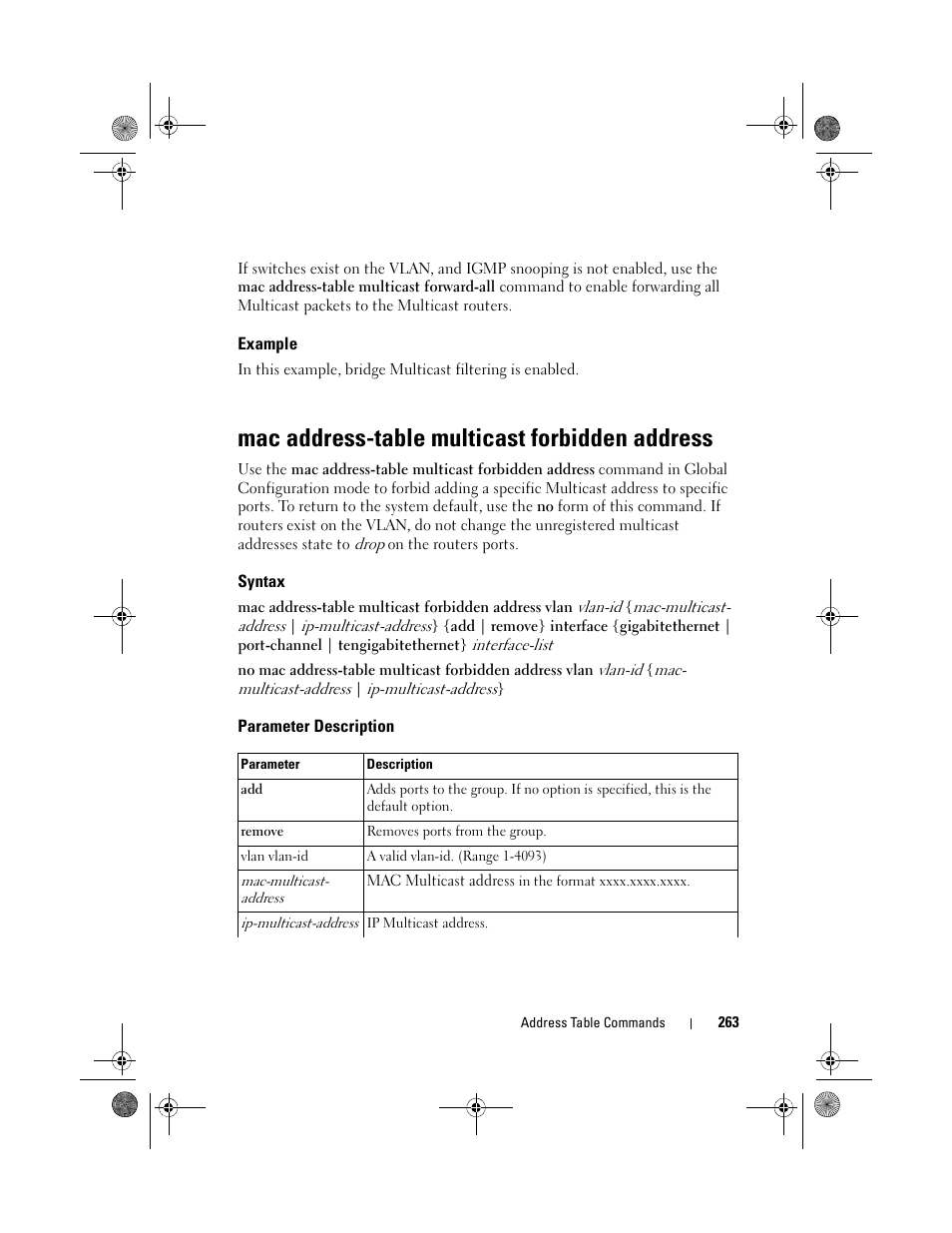 Example, Mac address-table multicast forbidden address, Syntax | Parameter description, Mac address-table, Multicast forbidden, Address | Dell POWEREDGE M1000E User Manual | Page 263 / 1682