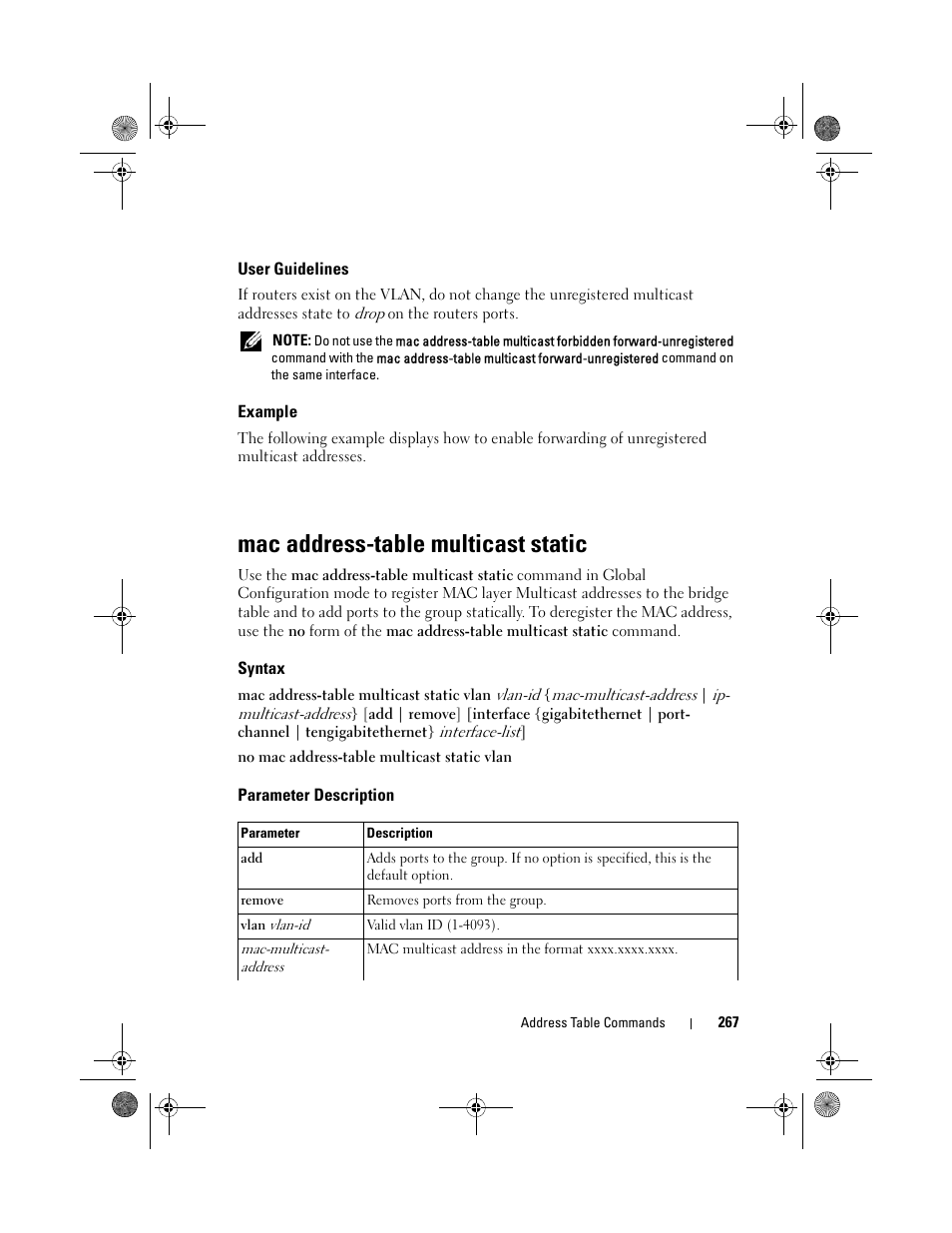 User guidelines, Example, Mac address-table multicast static | Syntax, Parameter description, Mac address-table, Multicast static | Dell POWEREDGE M1000E User Manual | Page 267 / 1682