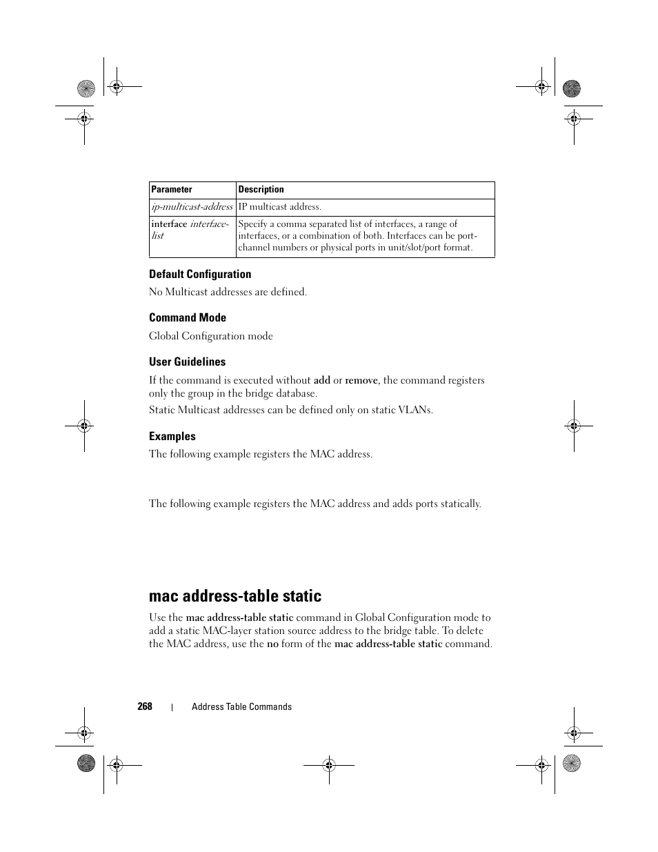 Default configuration, Command mode, User guidelines | Examples, Mac address-table static | Dell POWEREDGE M1000E User Manual | Page 268 / 1682